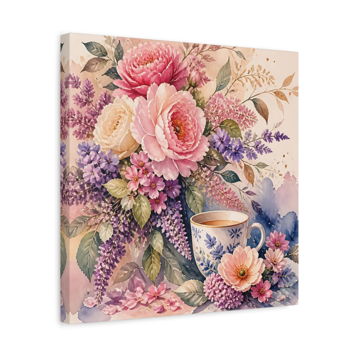 Side Mockup 6. Floral Floral Arrangement Pink And Purple Floral shown as stretched canvas wall art