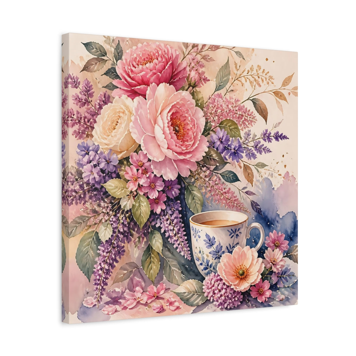 Side Mockup 5. Floral Floral Arrangement Pink And Purple Floral shown as stretched canvas wall art