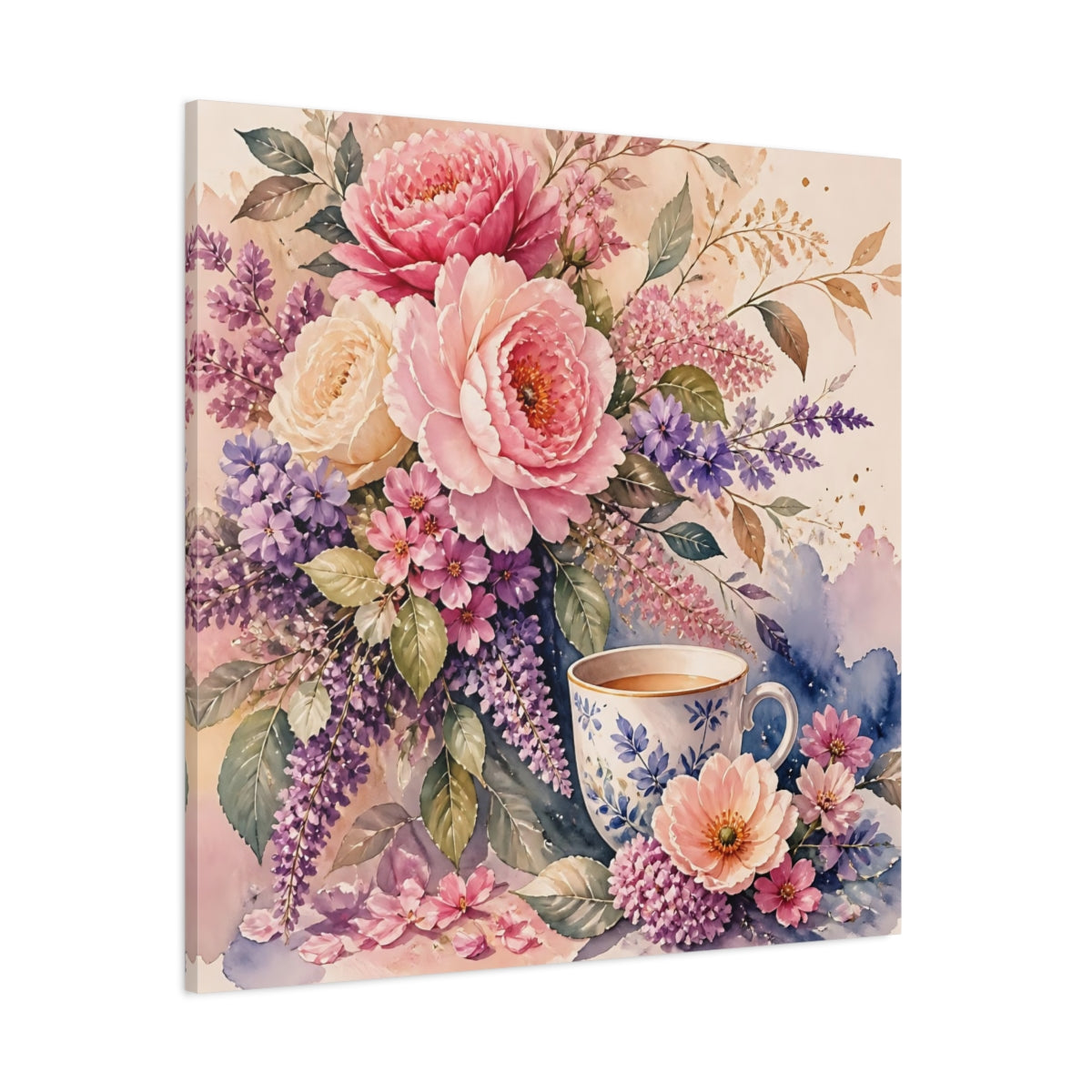 Side Mockup 1. Floral Floral Arrangement Pink And Purple Floral shown as stretched canvas wall art