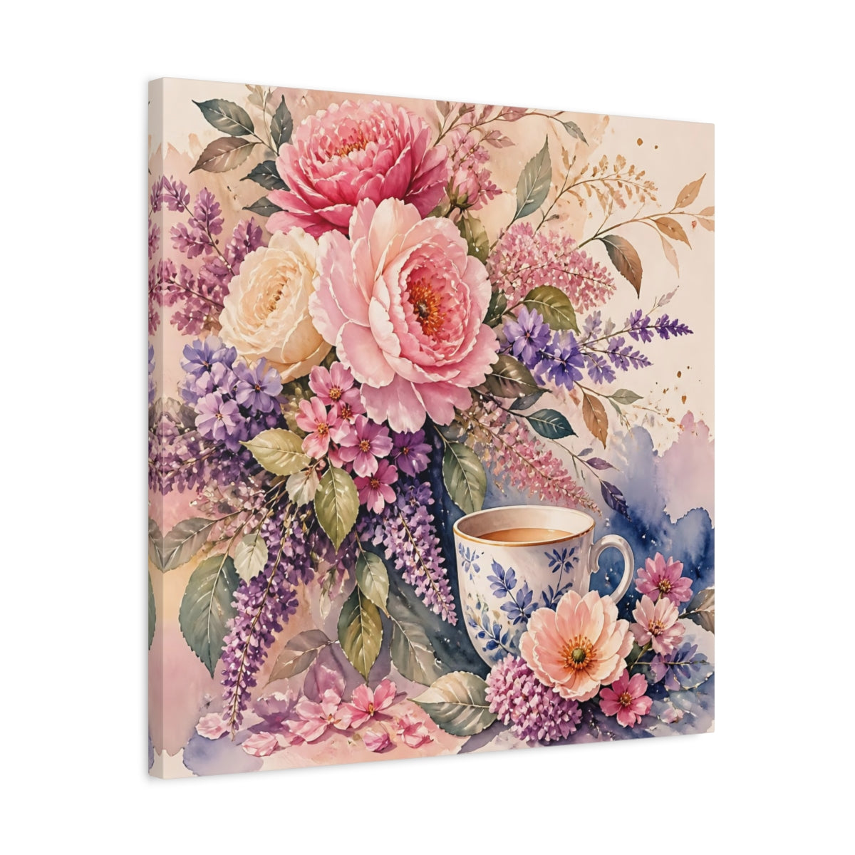 Side Mockup 4. Floral Floral Arrangement Pink And Purple Floral shown as stretched canvas wall art
