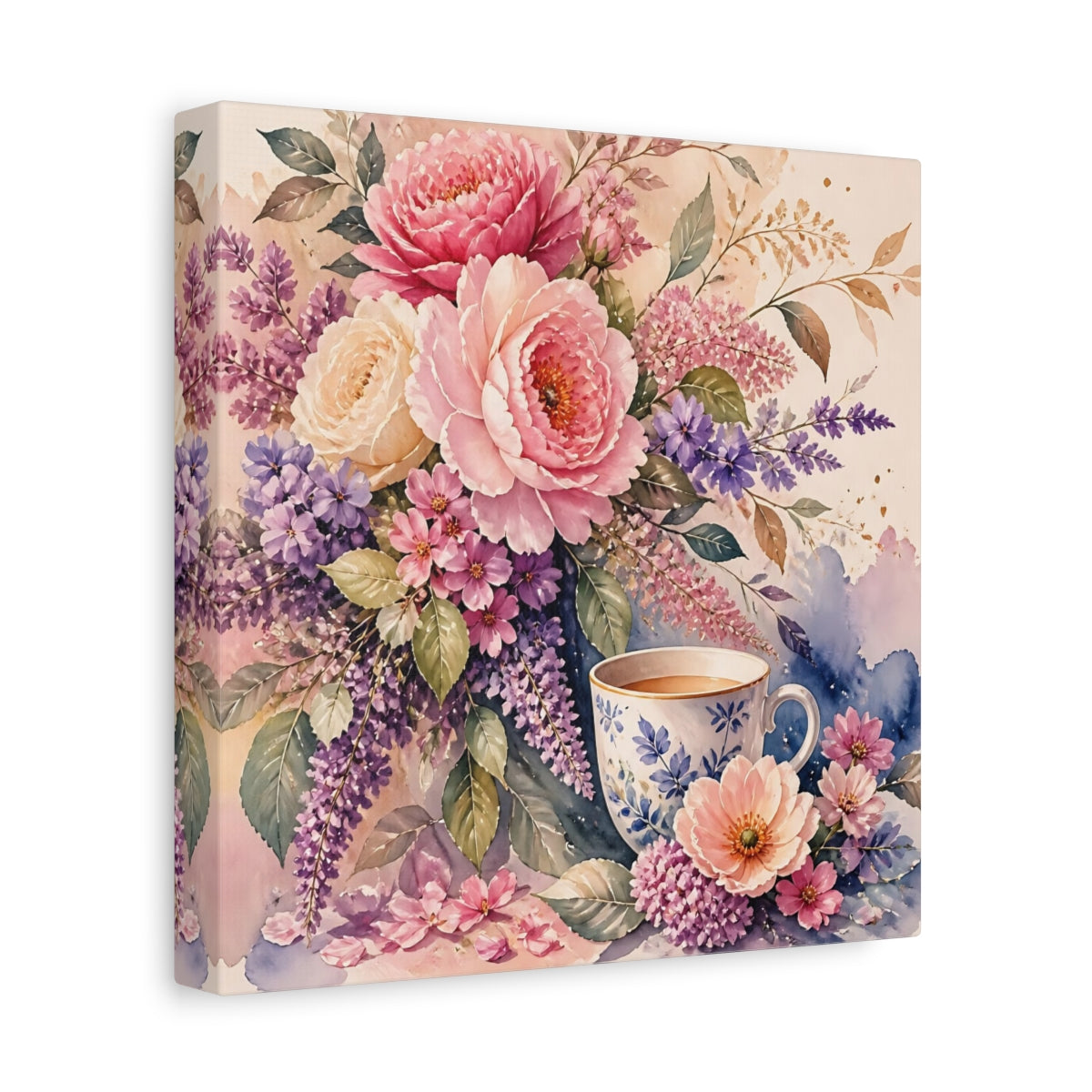 Side Mockup 9. Floral Floral Arrangement Pink And Purple Floral shown as stretched canvas wall art