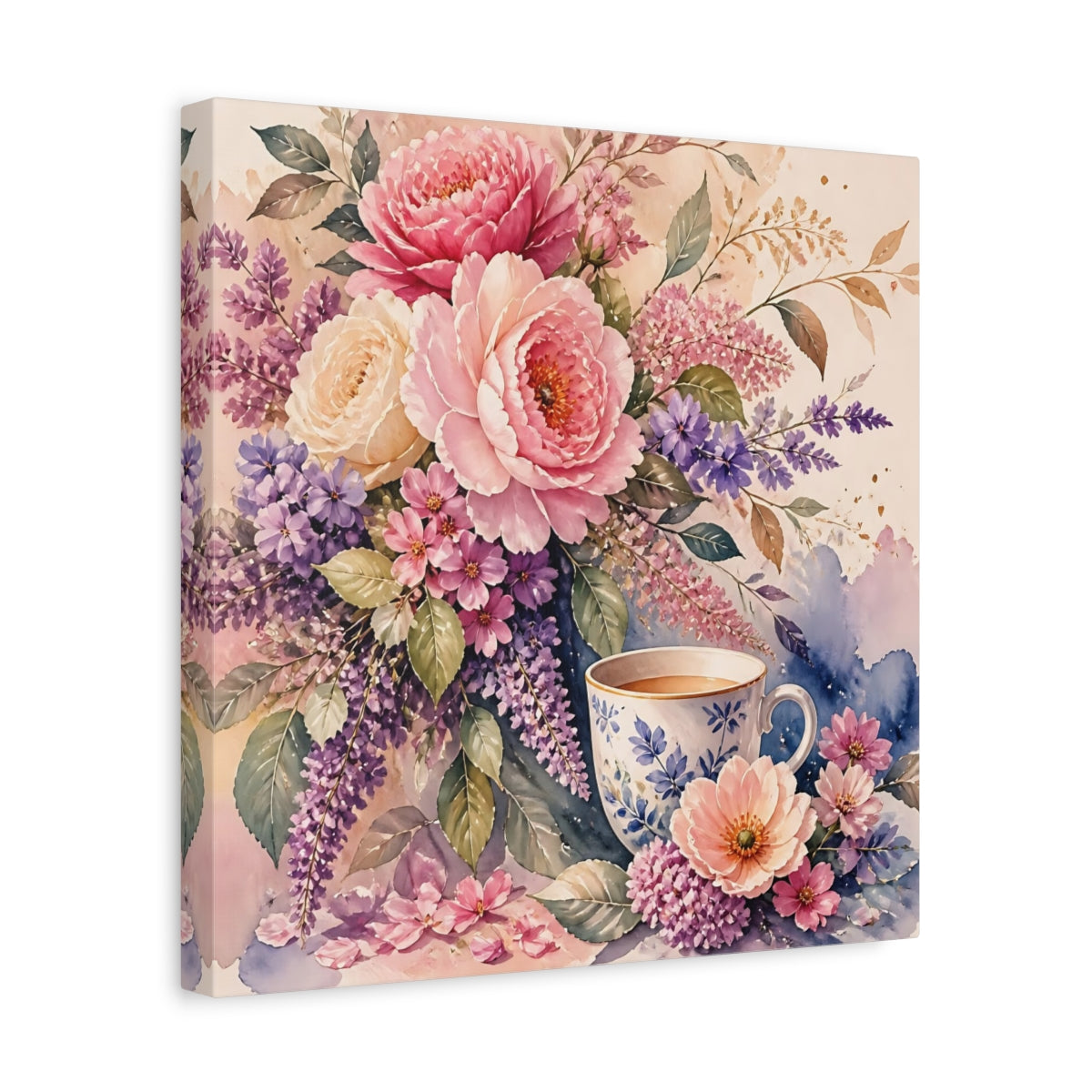Side Mockup 7. Floral Floral Arrangement Pink And Purple Floral shown as stretched canvas wall art