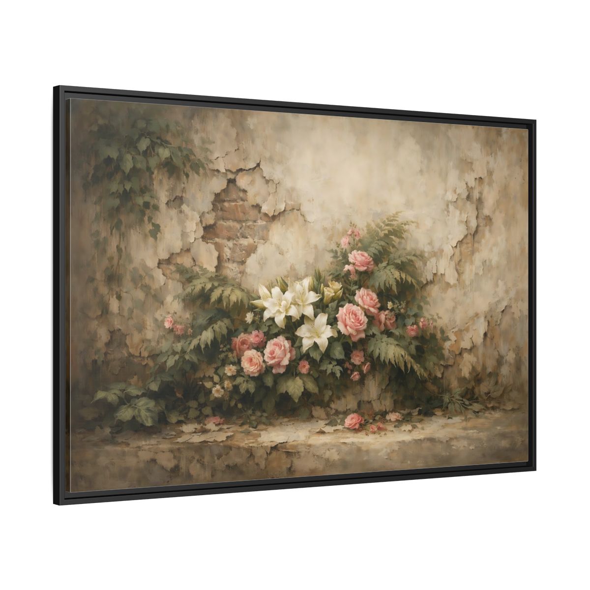 Side Mockup 12. Floral Floral Arrangement Pink And White Flowers shown as stretched canvas wall art