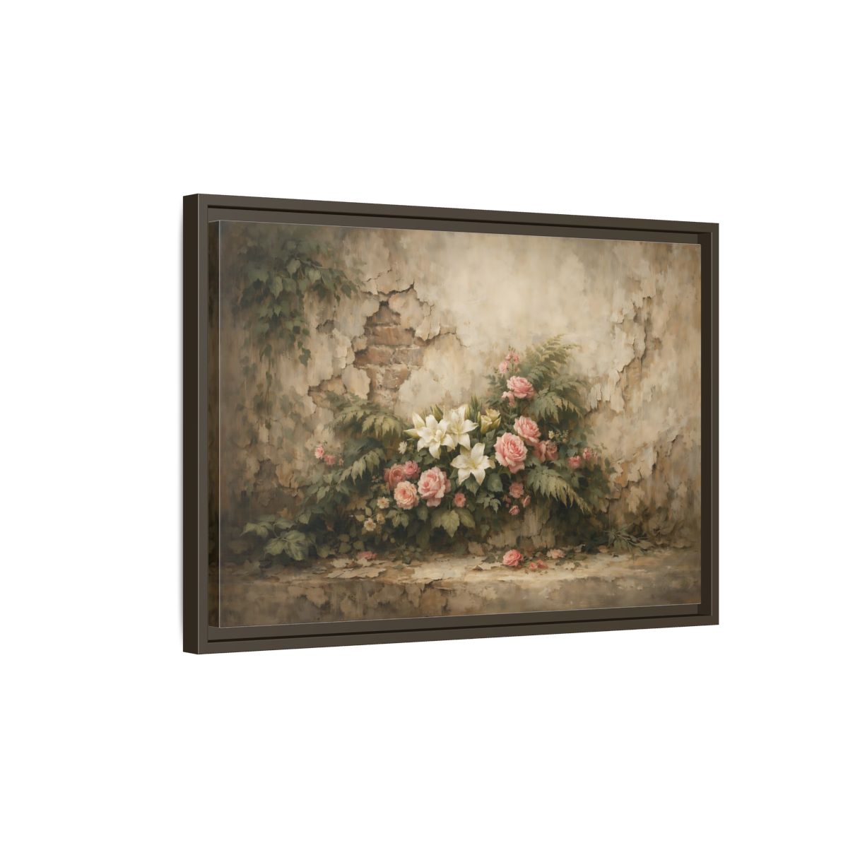 Side Mockup 2. Floral Floral Arrangement Pink And White Flowers shown as stretched canvas wall art