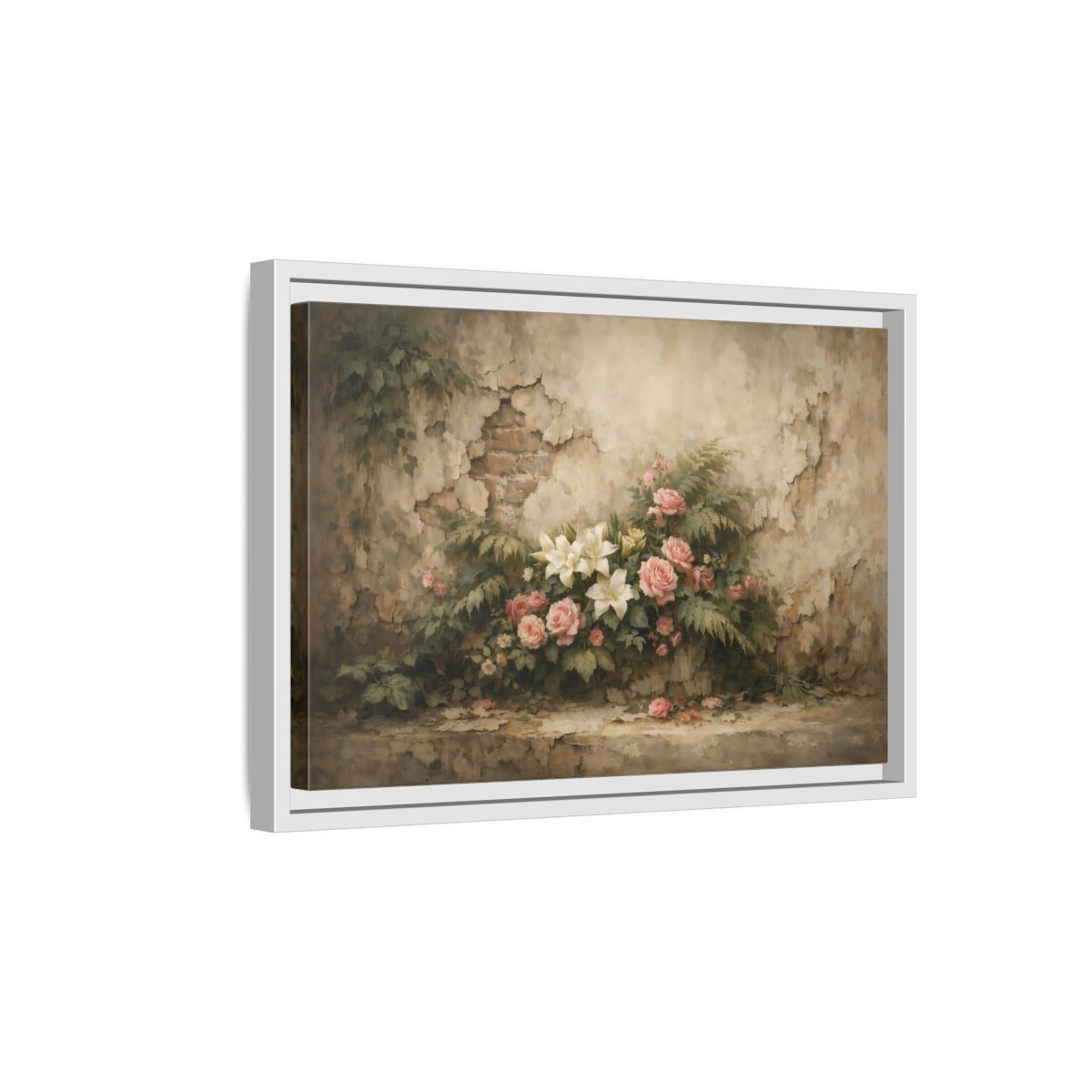 Side Mockup 4. Floral Floral Arrangement Pink And White Flowers shown as stretched canvas wall art