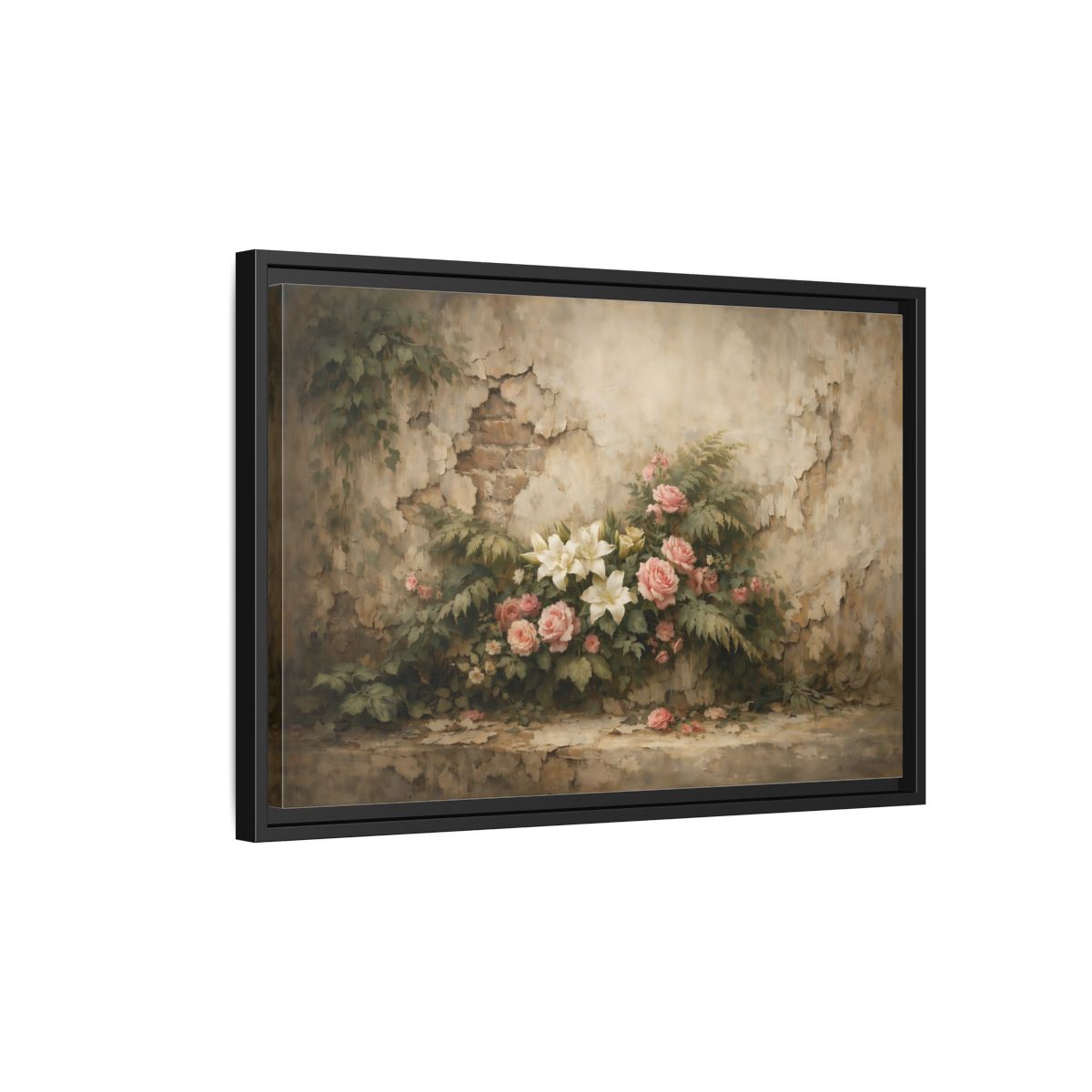 Side Mockup 3. Floral Floral Arrangement Pink And White Flowers shown as stretched canvas wall art