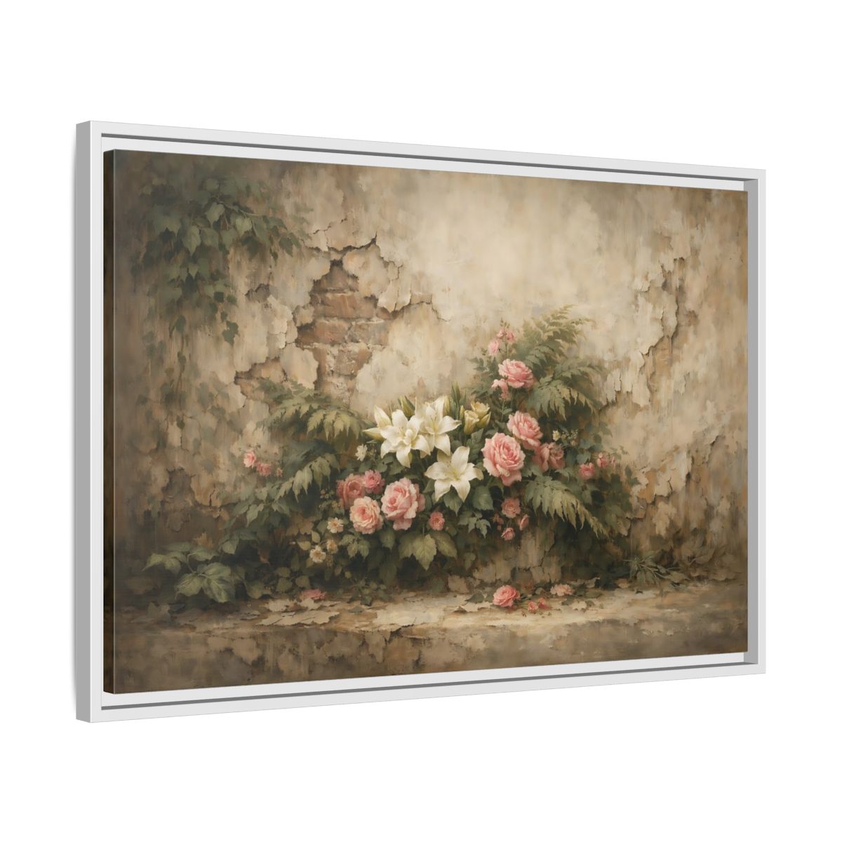 Side Mockup 10. Floral Floral Arrangement Pink And White Flowers shown as stretched canvas wall art