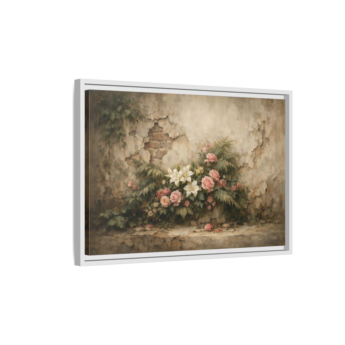 Side Mockup 1. Floral Floral Arrangement Pink And White Flowers shown as stretched canvas wall art