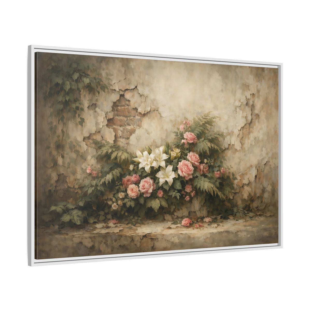 Side Mockup 7. Floral Floral Arrangement Pink And White Flowers shown as stretched canvas wall art