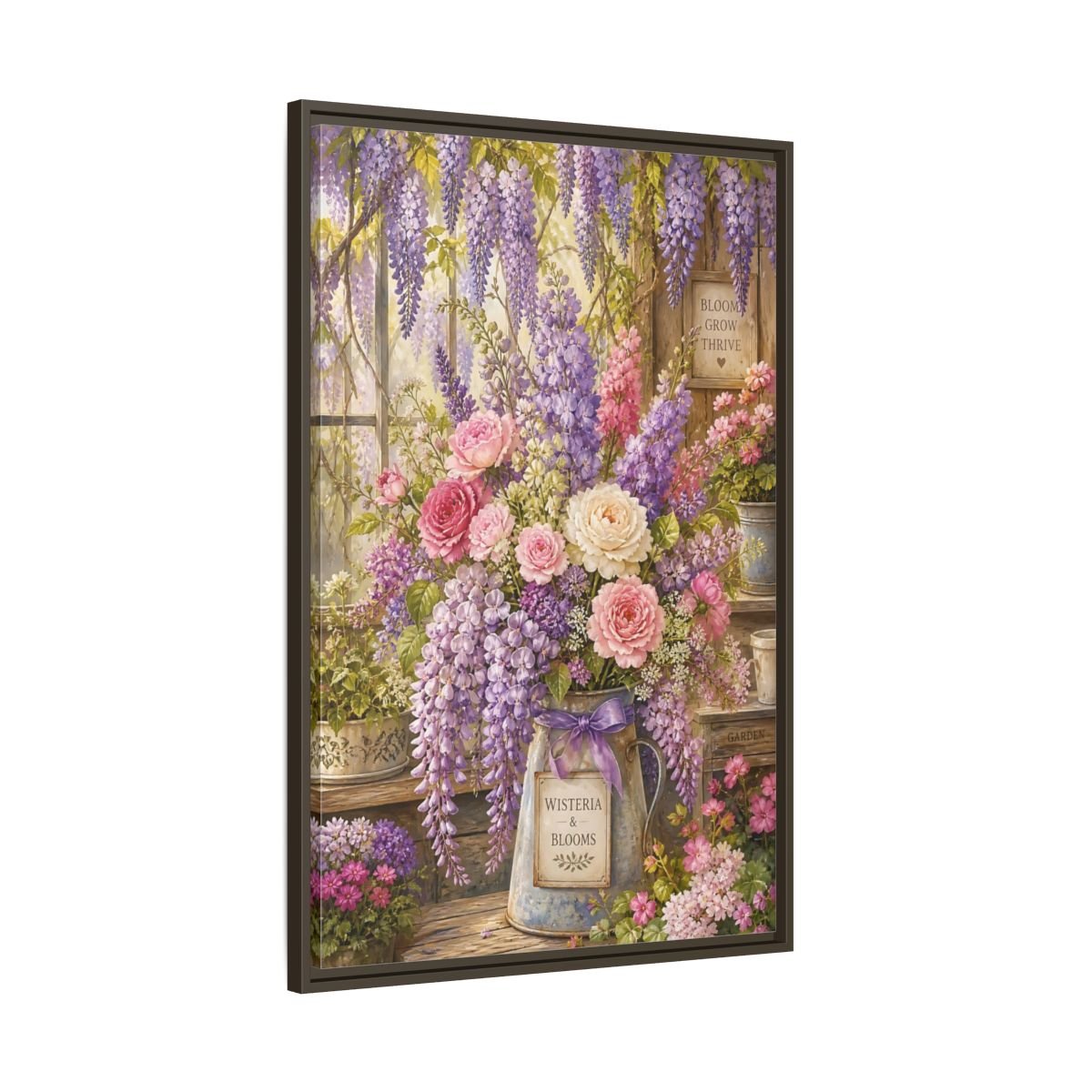 Floral Arrangement Purple Garden Framed Canvas Print – Romantic Living Room, Above Console Table - YesArtYes