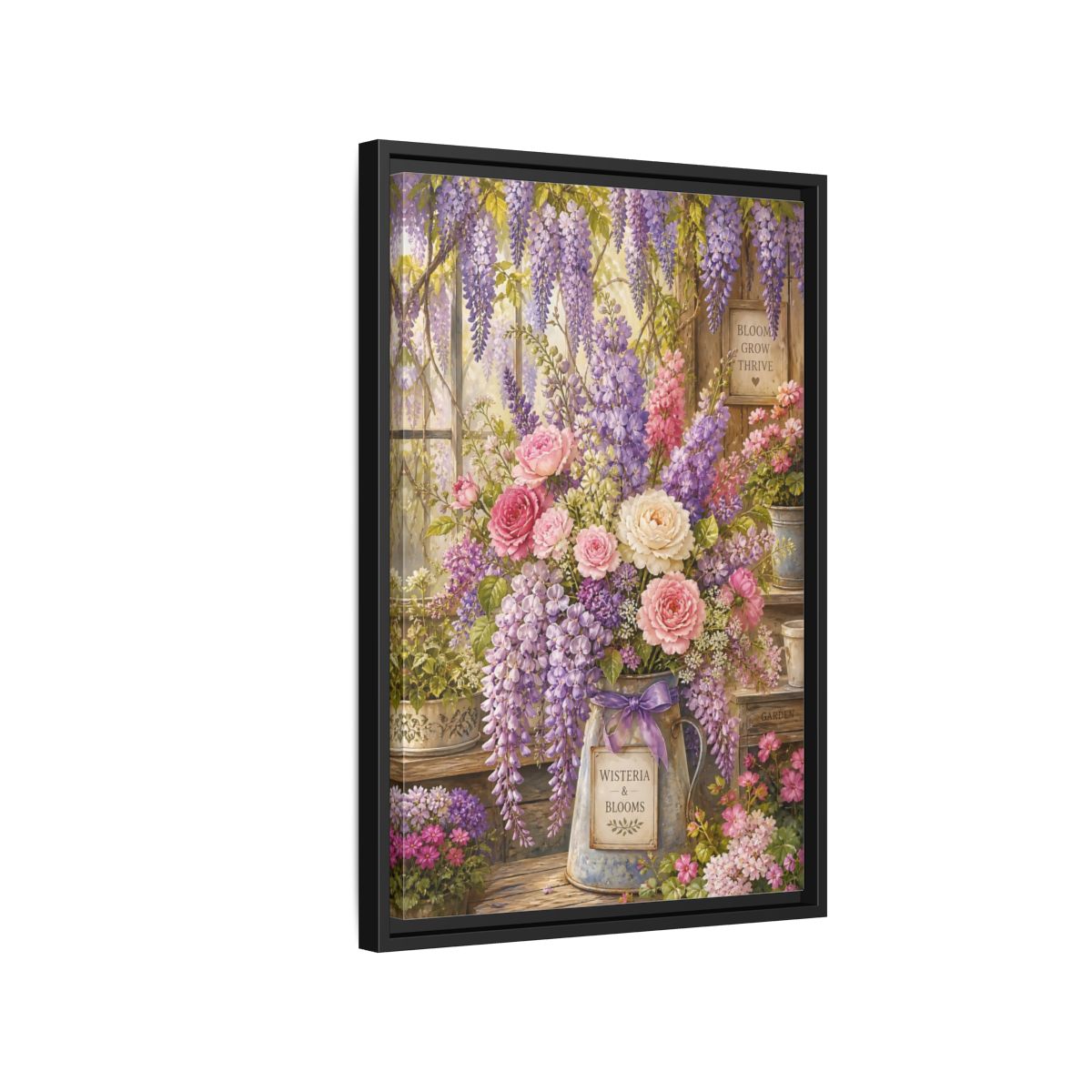Side Mockup 3. Floral Floral Arrangement Purple Floral Garden shown as framed canvas print
