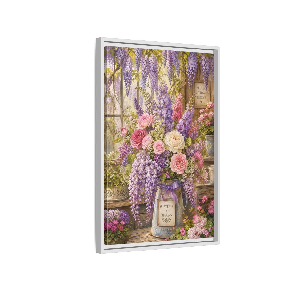 Side Mockup 1. Floral Floral Arrangement Purple Floral Garden shown as framed canvas print