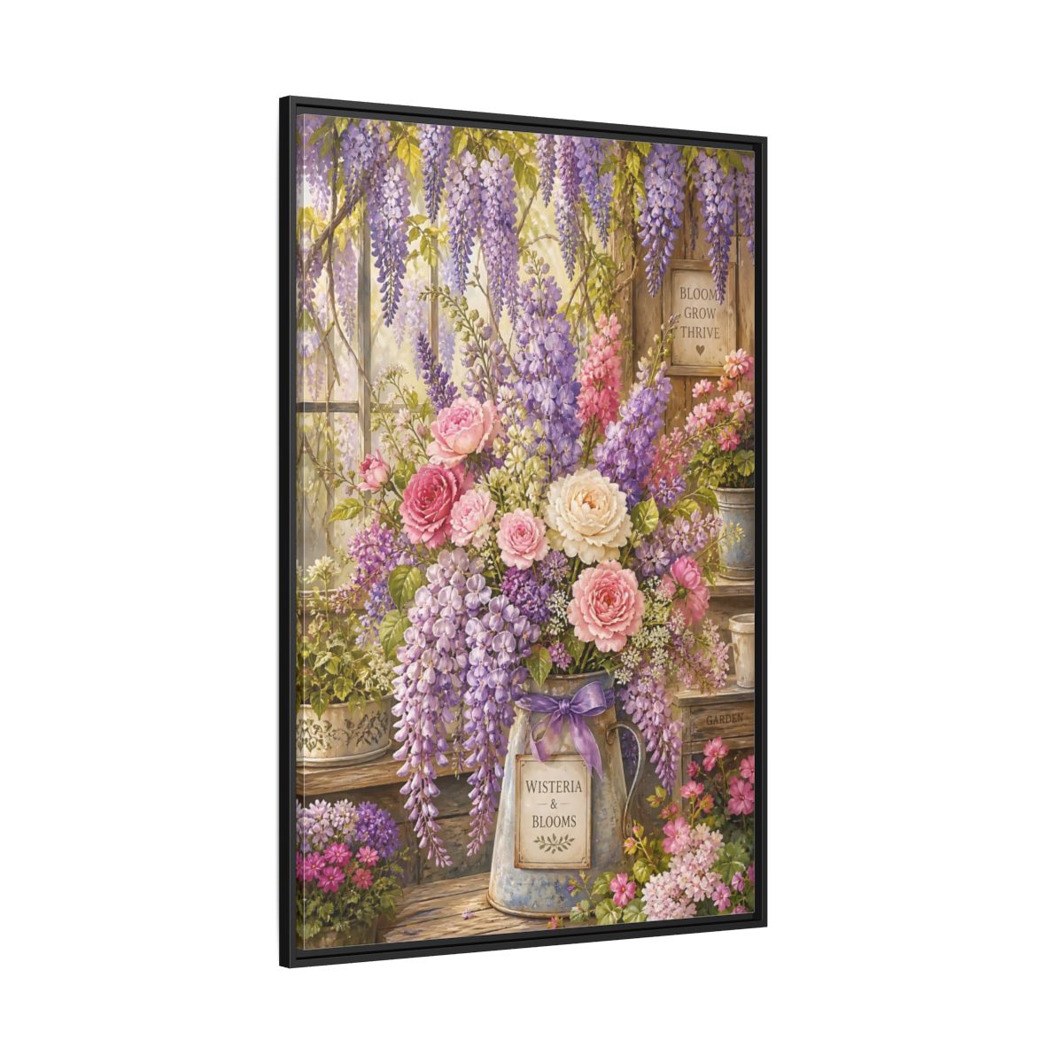 Side Mockup 12. Floral Floral Arrangement Purple Floral Garden shown as framed canvas print