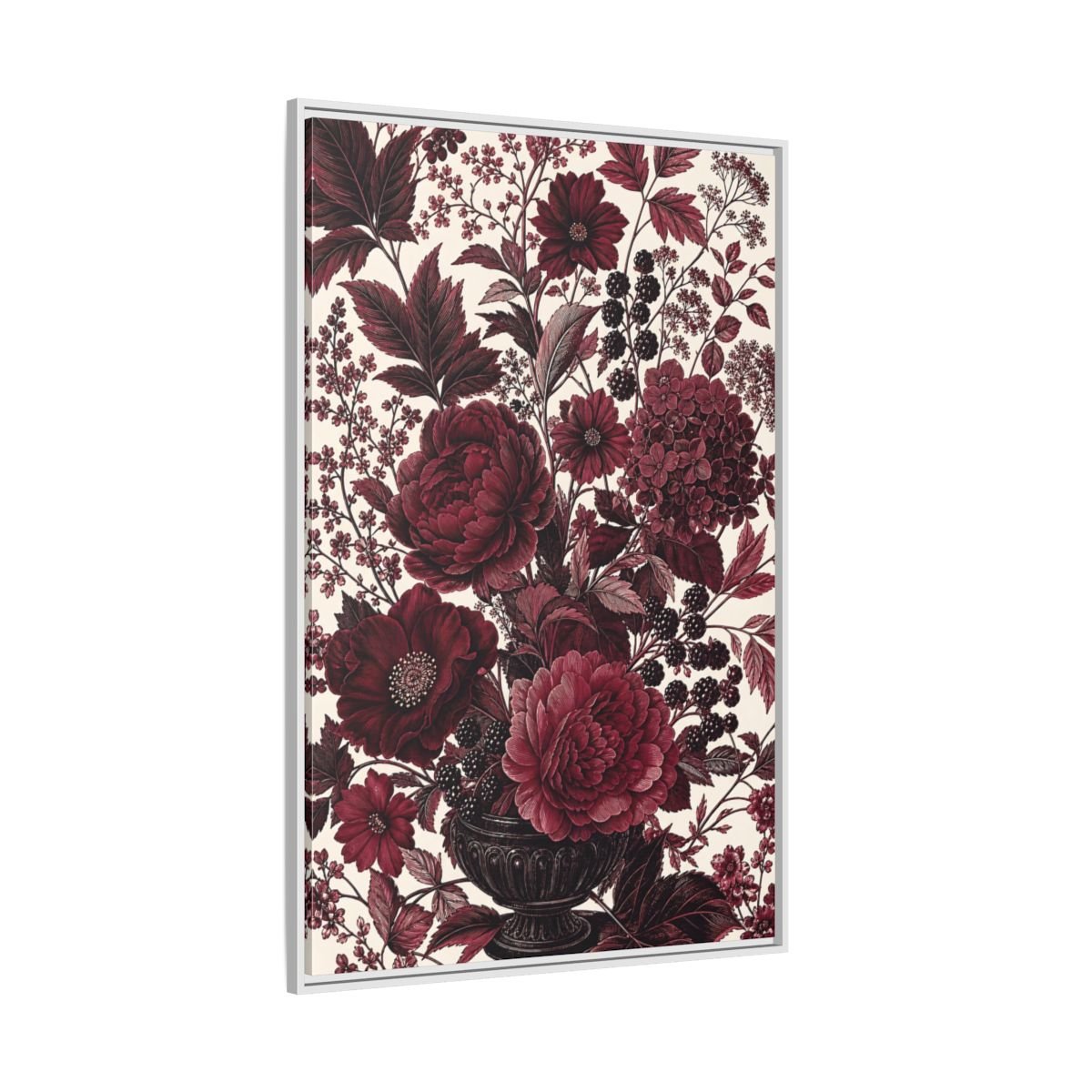 Floral Arrangement Red Framed Canvas Print – Vintage Living Room, Above Console Table - YesArtYes