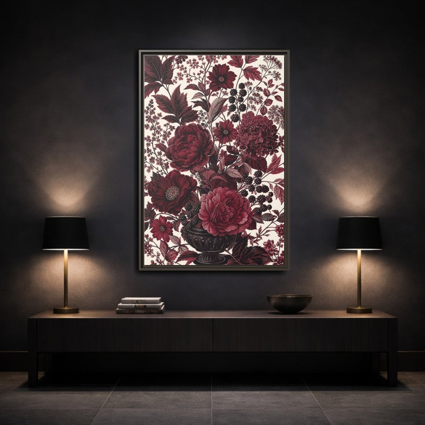 Floral Arrangement Red Framed Canvas Print – Vintage Living Room, Above Console Table - YesArtYes