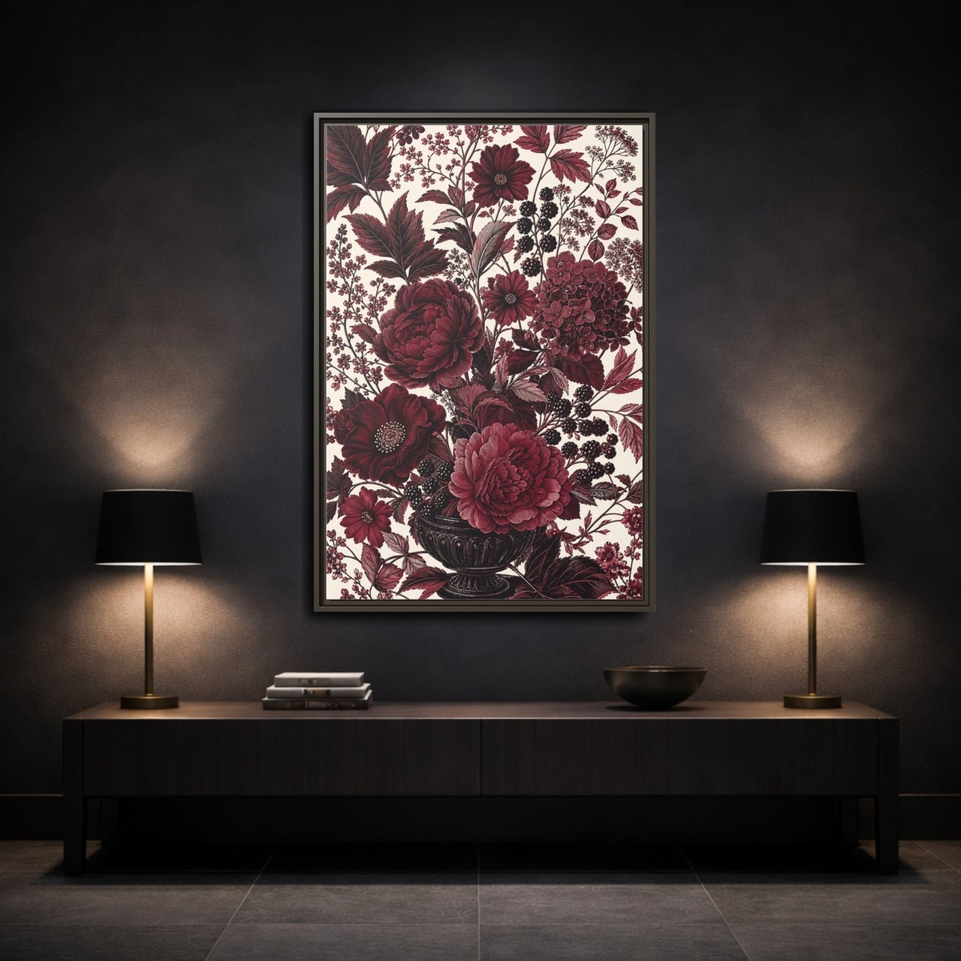 Floral Arrangement Red Framed Canvas Print – Vintage Living Room, Above Console Table - YesArtYes