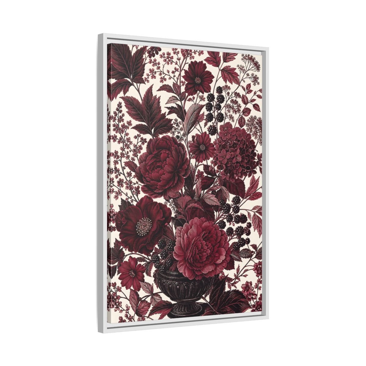 Floral Arrangement Red Framed Canvas Print – Vintage Living Room, Above Console Table - YesArtYes