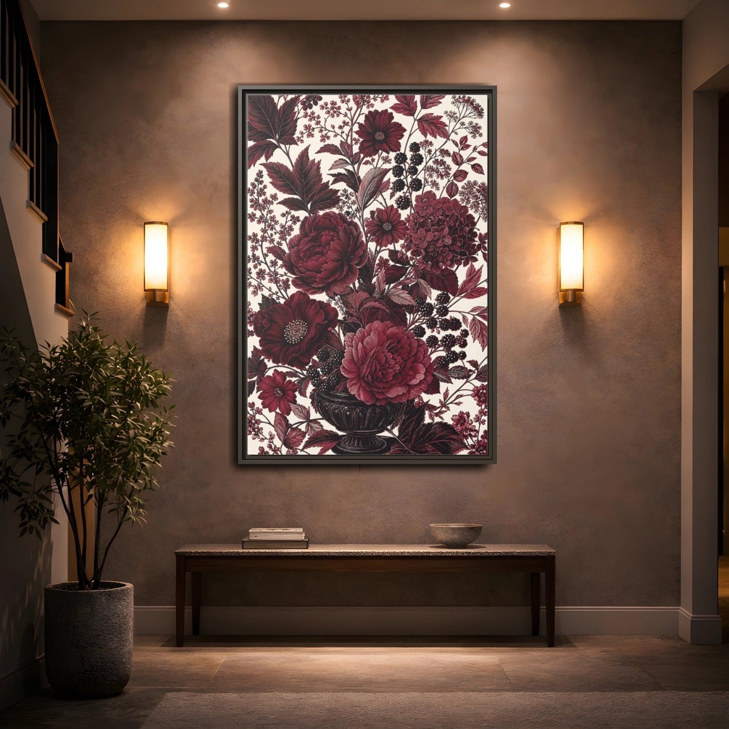 Floral Arrangement Red Framed Canvas Print – Vintage Living Room, Above Console Table - YesArtYes