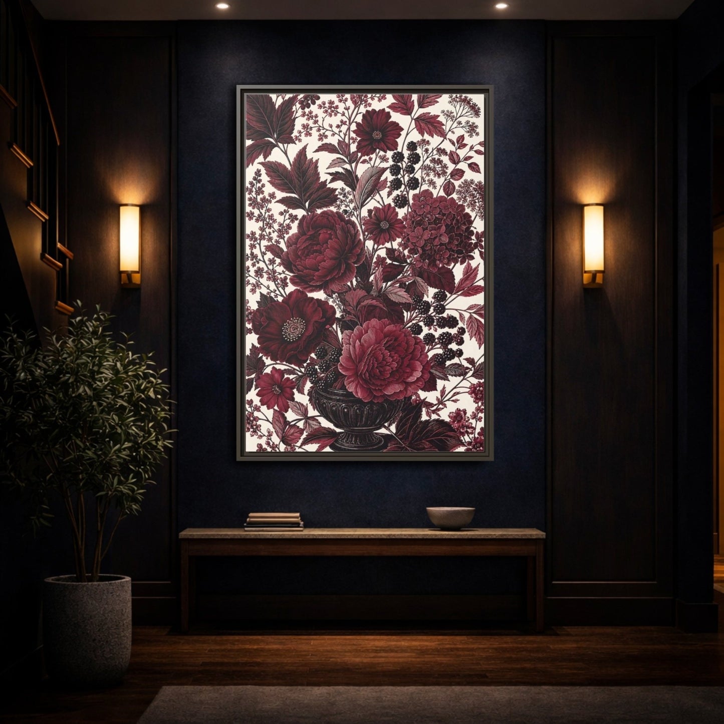 Floral Arrangement Red Framed Canvas Print – Vintage Living Room, Above Console Table - YesArtYes