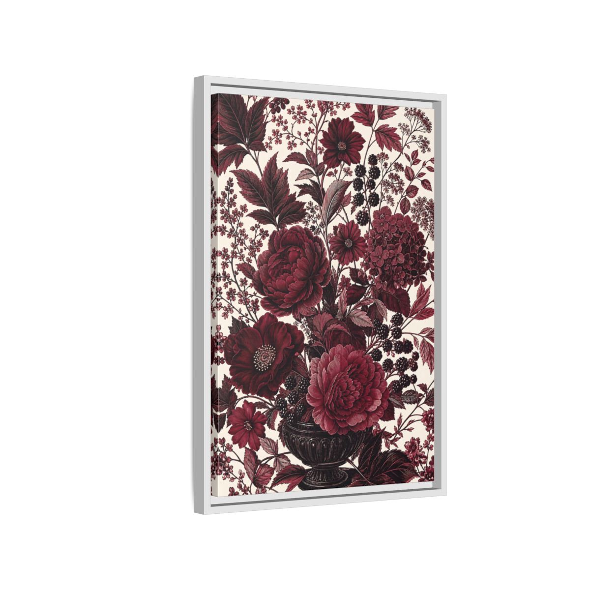 Side Mockup 1. Floral Floral Arrangement Red Floral shown as framed canvas print