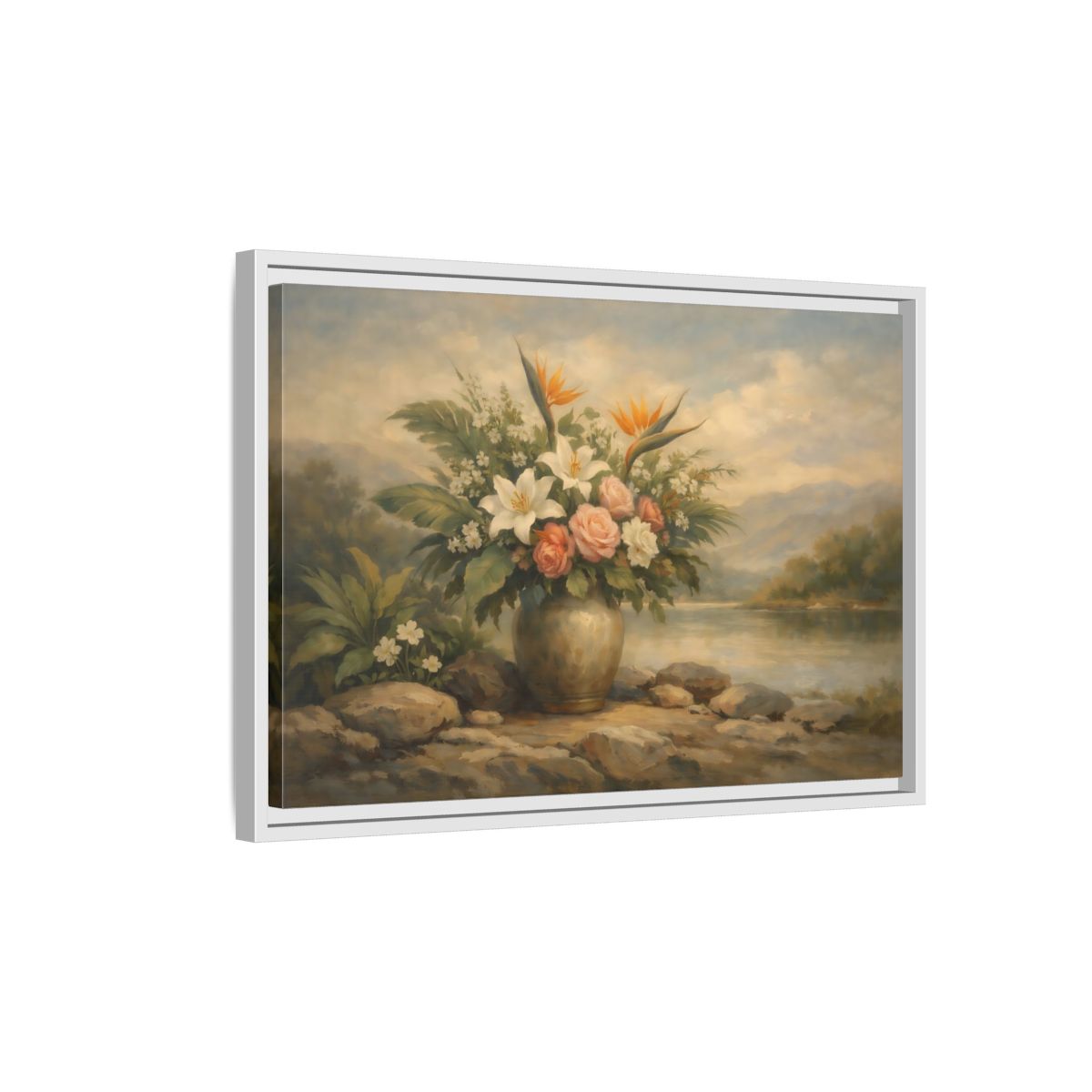 Side Mockup 1. Floral Floral Arrangement Vintage Floral Landscape shown as stretched canvas wall art