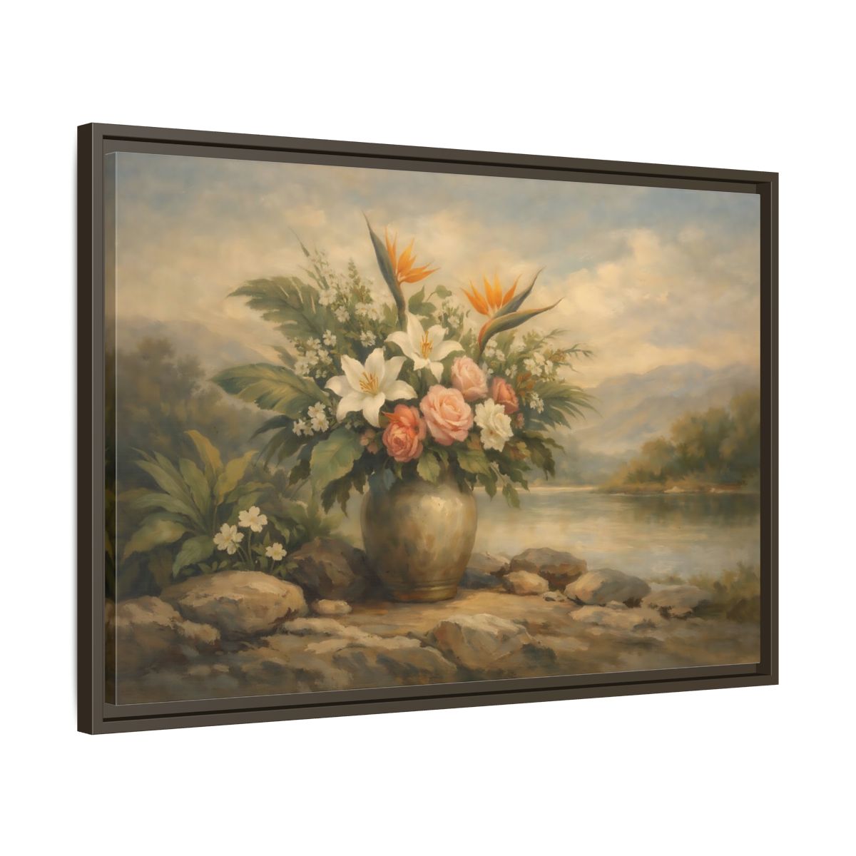 Side Mockup 11. Floral Floral Arrangement Vintage Floral Landscape shown as stretched canvas wall art