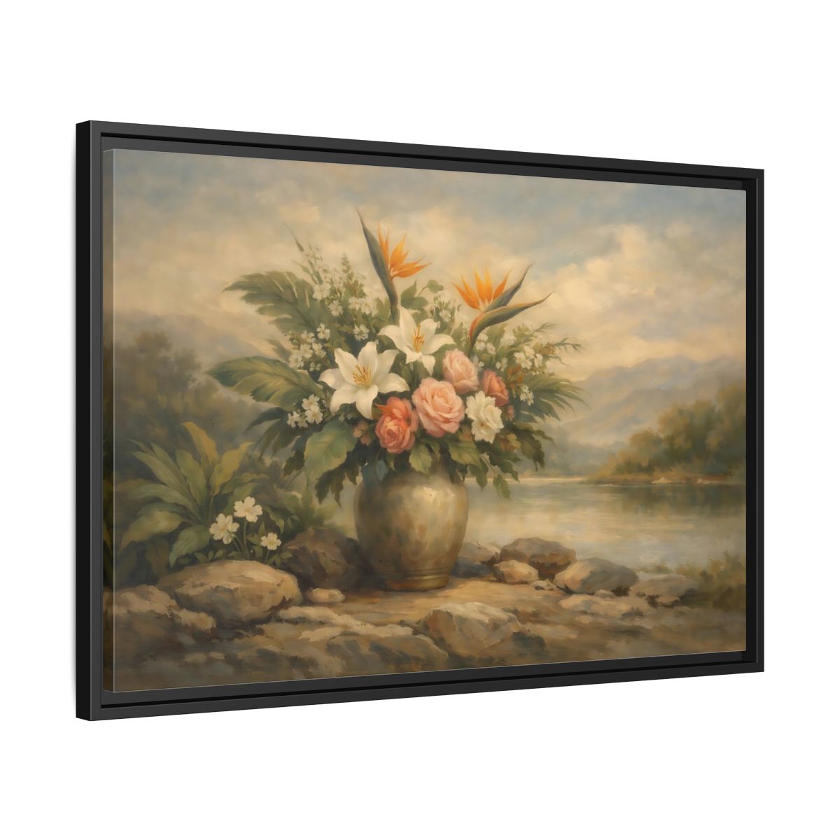 Side Mockup 14. Floral Floral Arrangement Vintage Floral Landscape shown as stretched canvas wall art