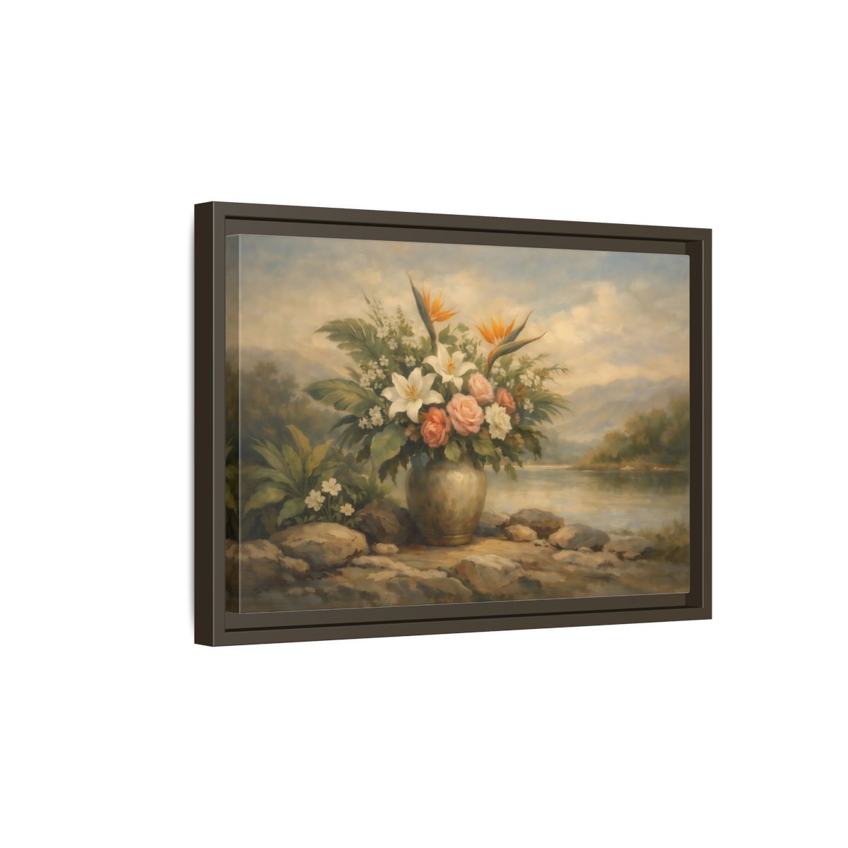 Side Mockup 5. Floral Floral Arrangement Vintage Floral Landscape shown as stretched canvas wall art