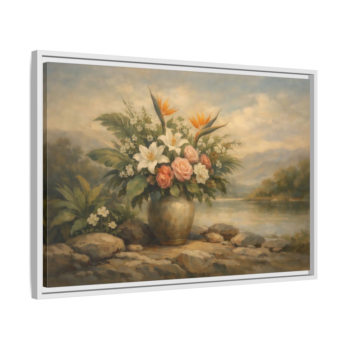 Side Mockup 10. Floral Floral Arrangement Vintage Floral Landscape shown as stretched canvas wall art