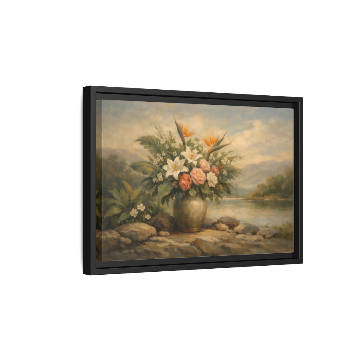 Side Mockup 6. Floral Floral Arrangement Vintage Floral Landscape shown as stretched canvas wall art