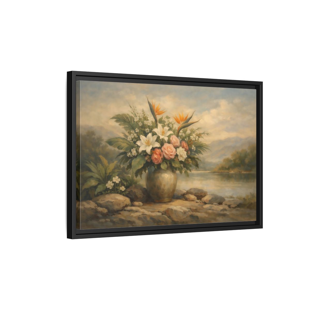 Side Mockup 3. Floral Floral Arrangement Vintage Floral Landscape shown as stretched canvas wall art