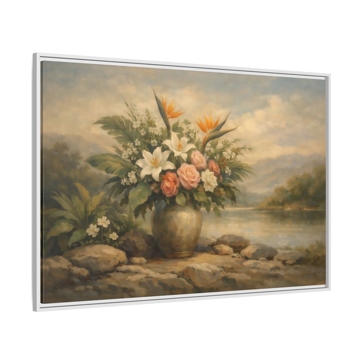Side Mockup 7. Floral Floral Arrangement Vintage Floral Landscape shown as stretched canvas wall art
