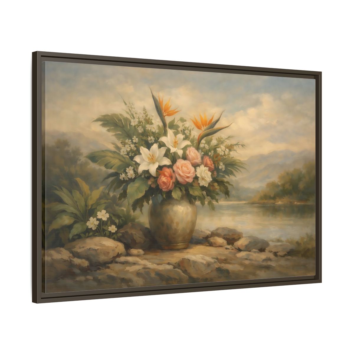 Side Mockup 9. Floral Floral Arrangement Vintage Floral Landscape shown as stretched canvas wall art