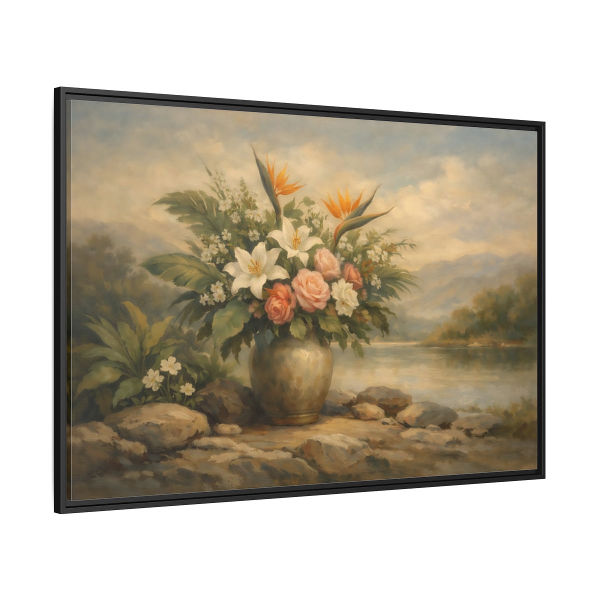 Side Mockup 12. Floral Floral Arrangement Vintage Floral Landscape shown as stretched canvas wall art