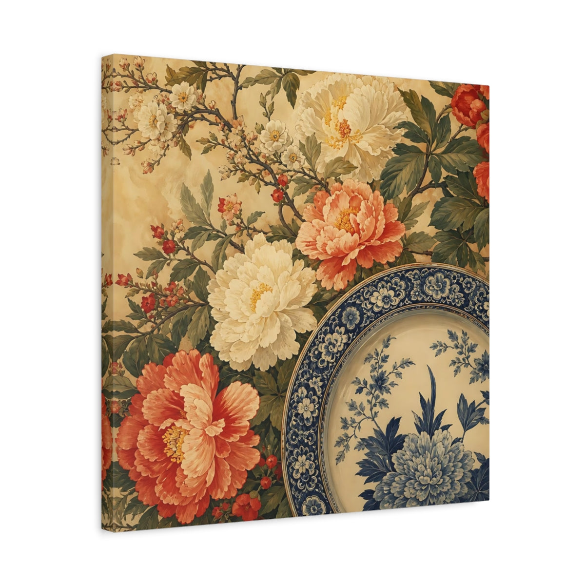 Side Mockup 5. Floral Floral Arrangement Vintage Floral Plate shown as stretched canvas wall art