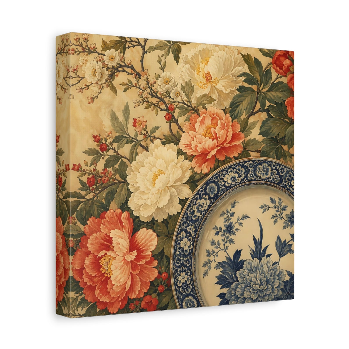 Side Mockup 9. Floral Floral Arrangement Vintage Floral Plate shown as stretched canvas wall art