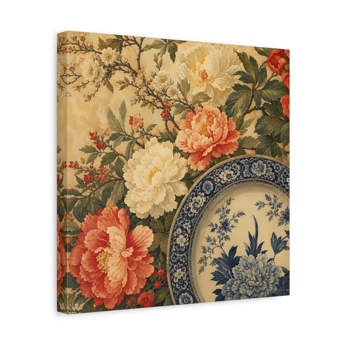 Side Mockup 7. Floral Floral Arrangement Vintage Floral Plate shown as stretched canvas wall art