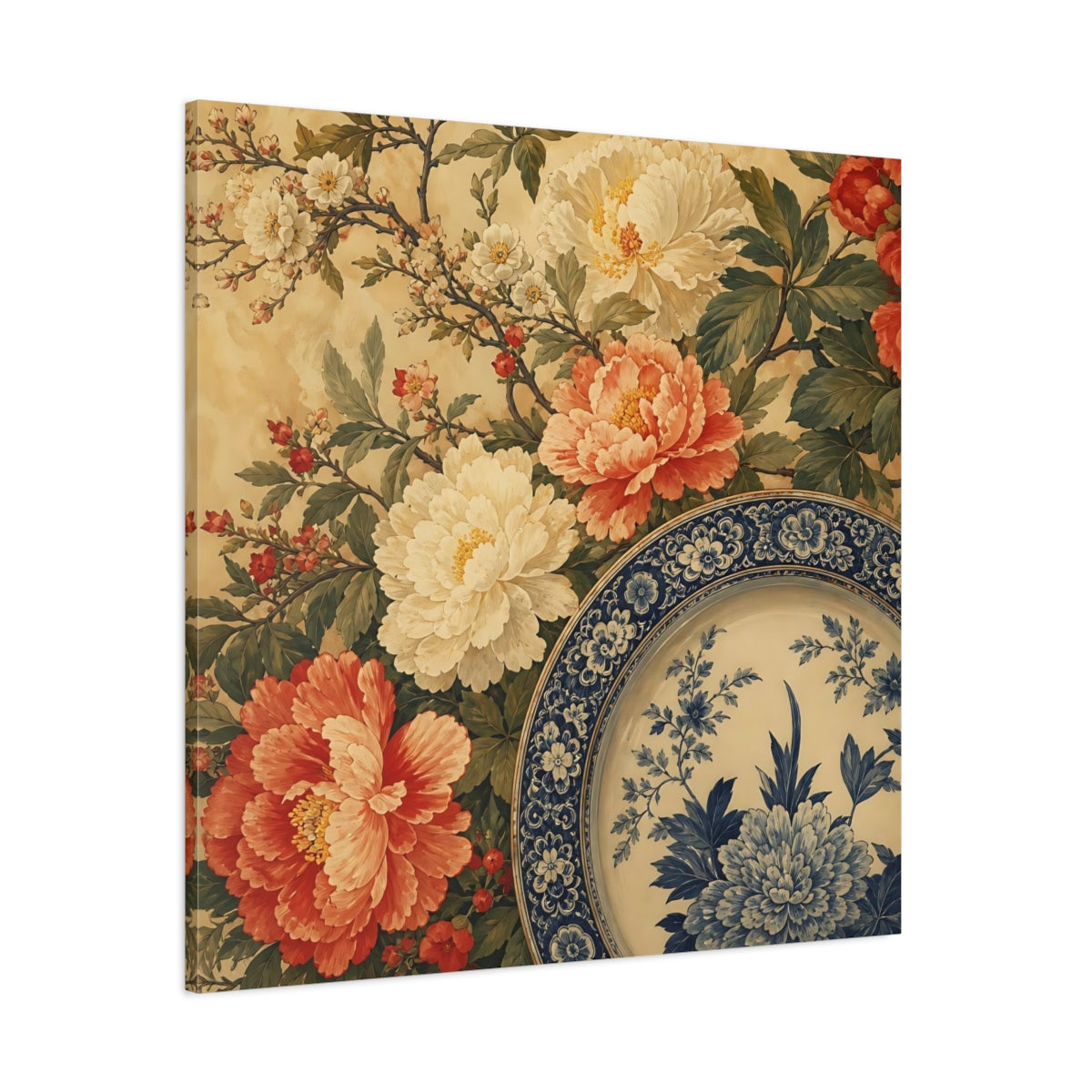Side Mockup 1. Floral Floral Arrangement Vintage Floral Plate shown as stretched canvas wall art