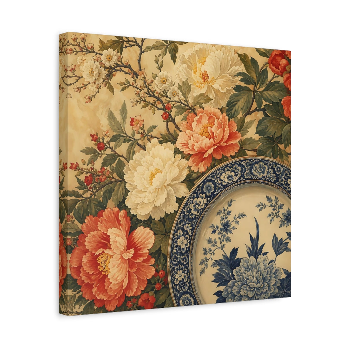 Side Mockup 6. Floral Floral Arrangement Vintage Floral Plate shown as stretched canvas wall art