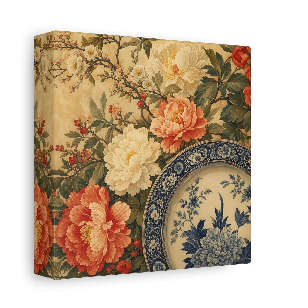 Side Mockup 2. Floral Floral Arrangement Vintage Floral Plate shown as stretched canvas wall art