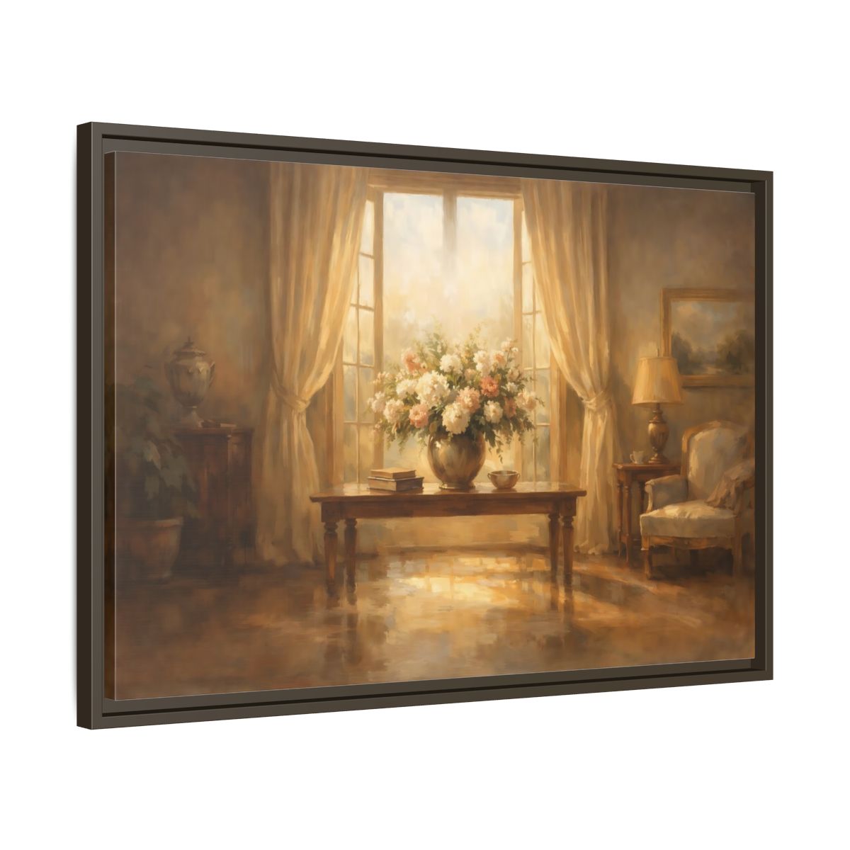 Side Mockup 11. Floral Floral Arrangement Warm Brown Tones shown as stretched canvas wall art