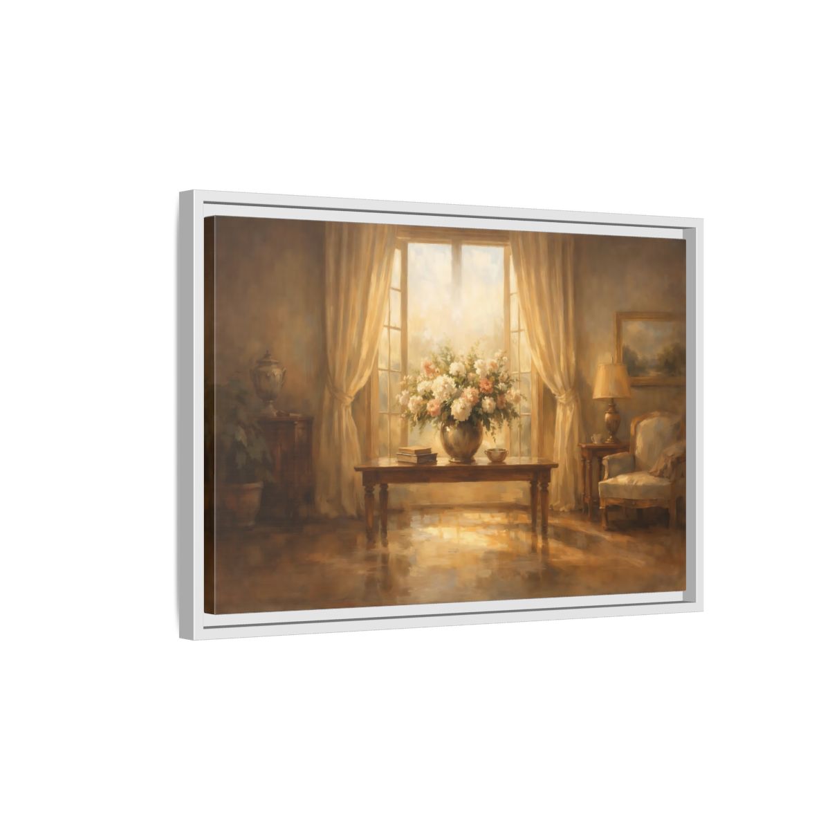 Side Mockup 1. Floral Floral Arrangement Warm Brown Tones shown as stretched canvas wall art