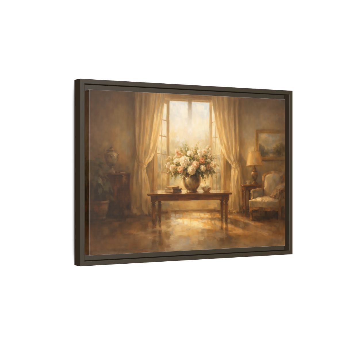 Side Mockup 2. Floral Floral Arrangement Warm Brown Tones shown as stretched canvas wall art