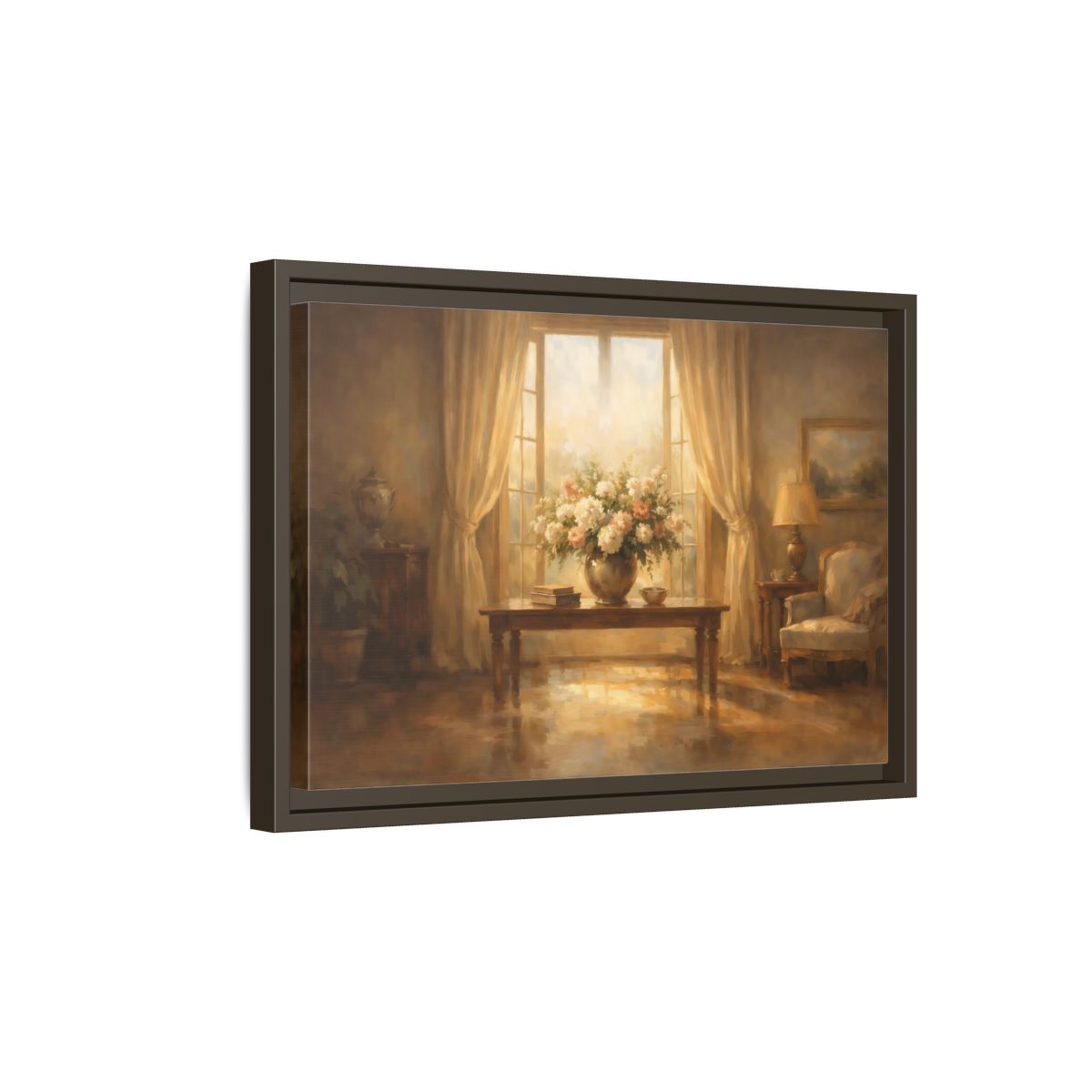 Side Mockup 5. Floral Floral Arrangement Warm Brown Tones shown as stretched canvas wall art
