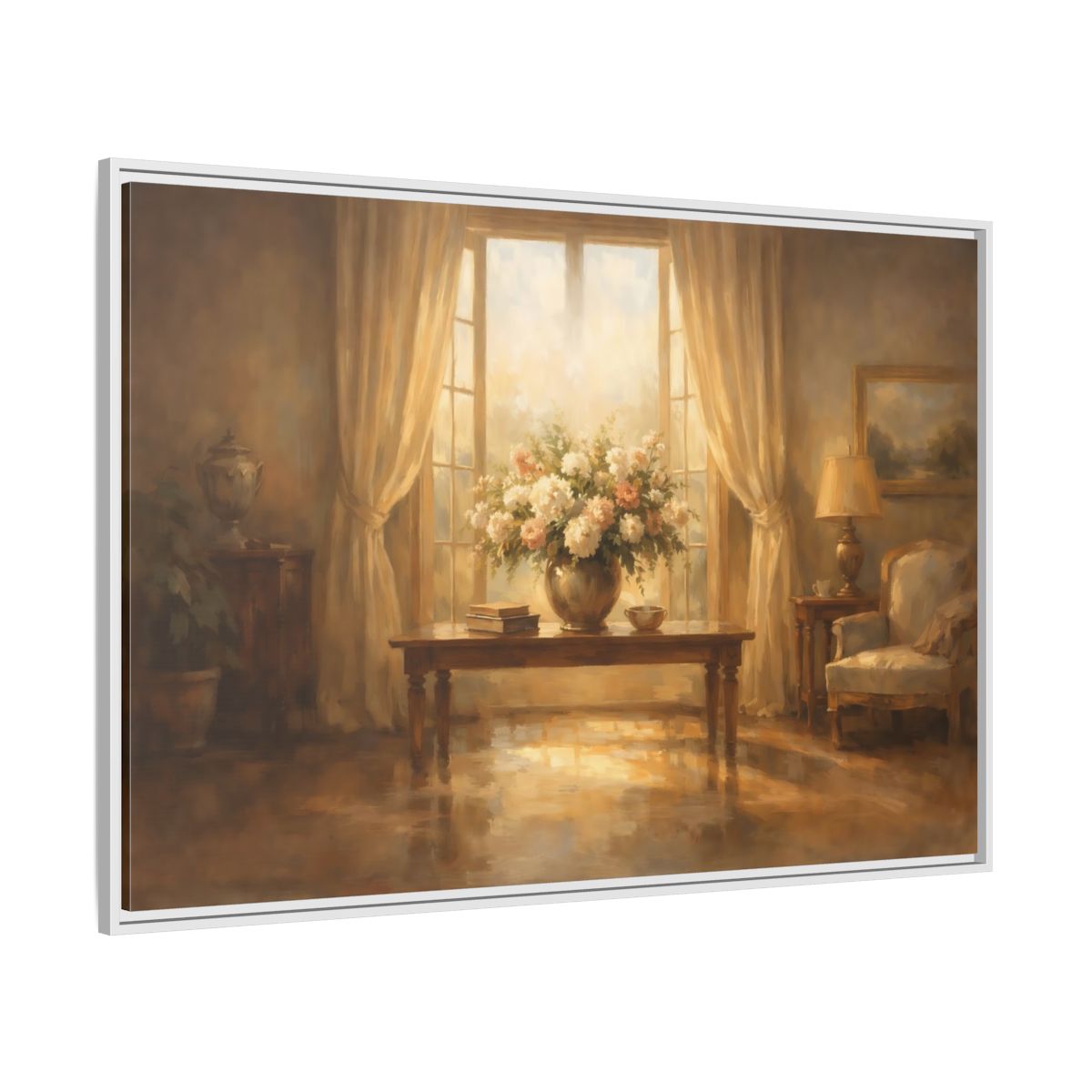 Side Mockup 7. Floral Floral Arrangement Warm Brown Tones shown as stretched canvas wall art