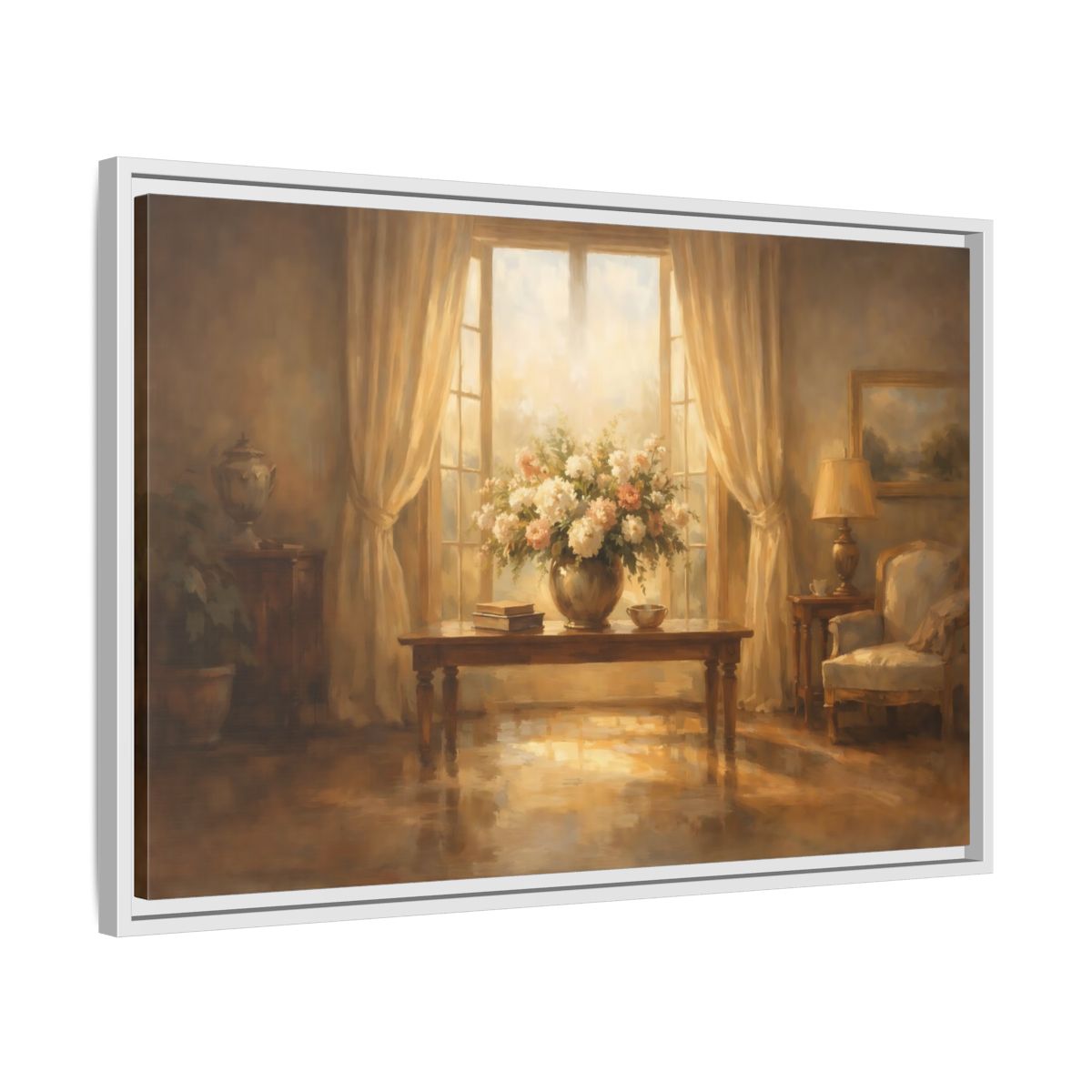 Side Mockup 10. Floral Floral Arrangement Warm Brown Tones shown as stretched canvas wall art