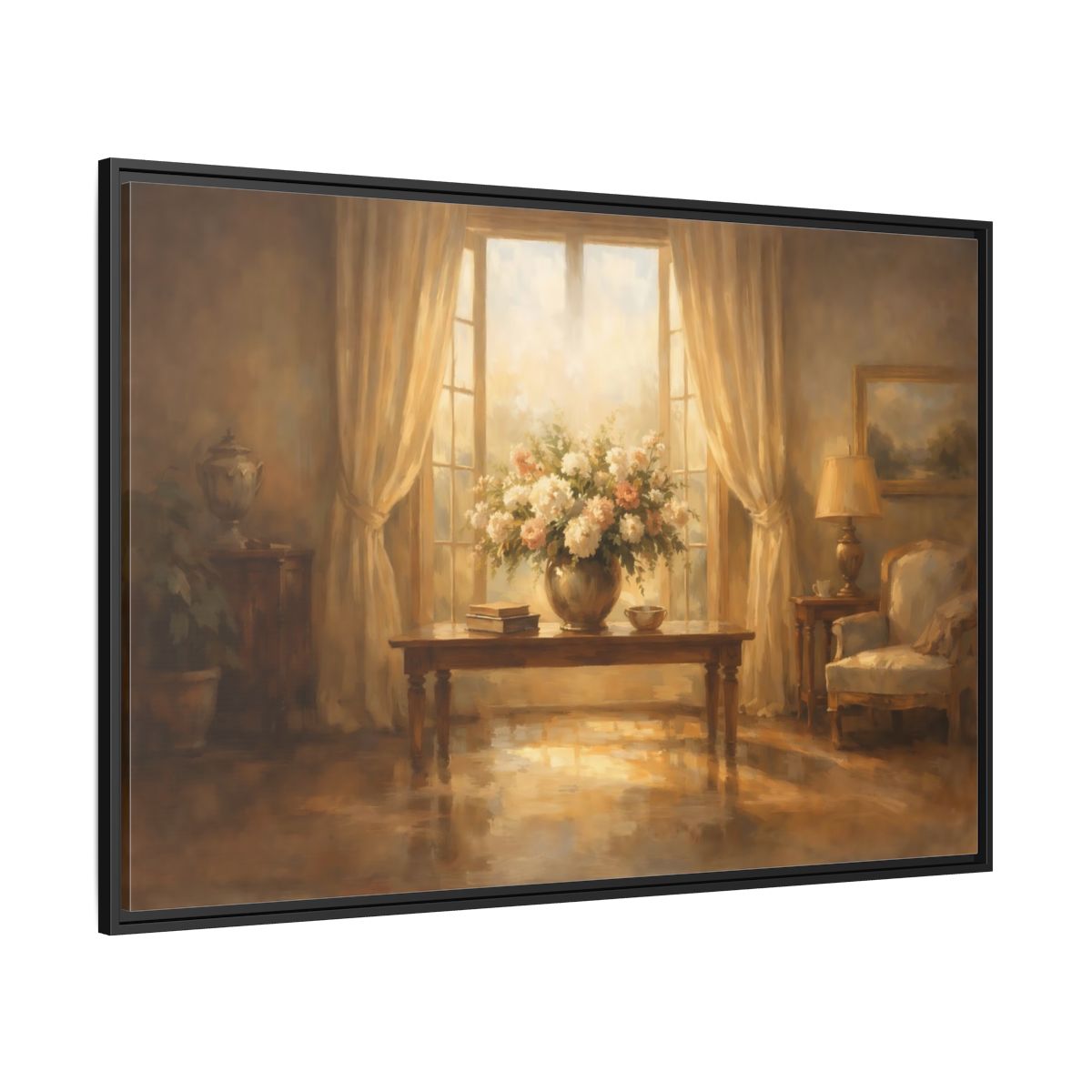 Side Mockup 12. Floral Floral Arrangement Warm Brown Tones shown as stretched canvas wall art