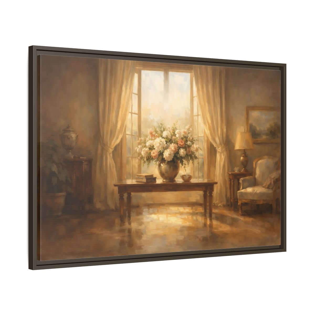 Side Mockup 9. Floral Floral Arrangement Warm Brown Tones shown as stretched canvas wall art