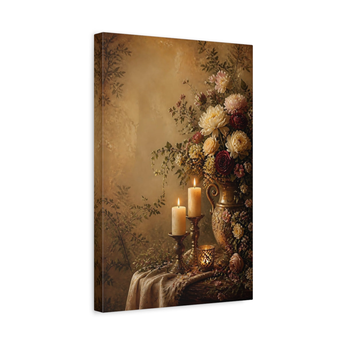 Side Mockup 4. Floral Floral Arrangement Warm Tones Floral shown as stretched canvas wall art