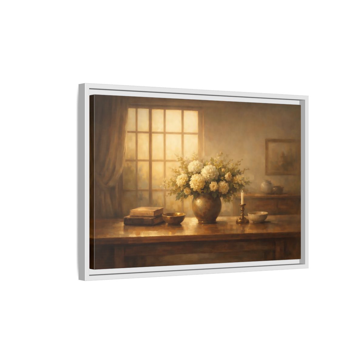 Side Mockup 1. Floral Floral Arrangement Warm Tones shown as stretched canvas wall art